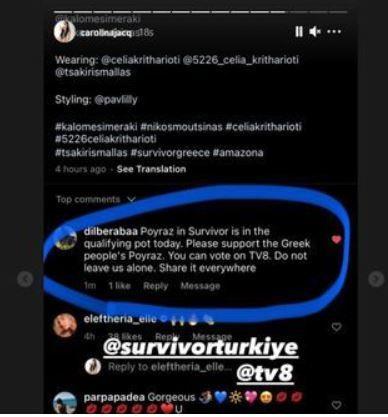 Bir sosyal medya hesab ise konu hakknda; ?Survivor Yunanistan?a getiimiz gnlerde veda eden ve Poyraz ile arkadalklar Survivor?da da oka konuulan Carolina?dan srpriz bir hareket geldi.. Dn kendisine Poyraz?n SMS oylamasna girmesi dolaysyla destek vermesi amacyla yollanan mesaj sonrasnda Tv8 Yan Ekran telefonuna indiren Carolina, Instagram hesabndan da Poyraz iin Yunan izleyicilerden oy atmalarn istedi?? paylam yapt.
