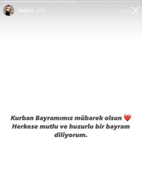 Hadise instagram hikaye zelliini kullanarak sade bir paylam yapt. Gzel arkc, ?Kurban bayramnz mbarek olsun, herkese mutlu huzurlu bir bayram diliyorum.? ifadelerini kulland.