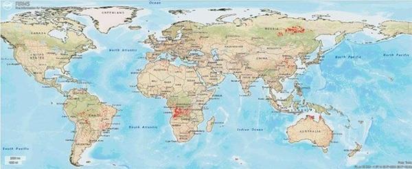 Haritada orman yangnlarnn son 24 saatte zellikle, Kanada?nn gneyi ve ABD?nin kuzeyinde, Brezilya  Amazonlarnda Demokratik Kongo Cumhuriyeti, Zambia ve Angola gibi Afrika?nn gneyindeki lkelerde, Rusya?nn Sibirya blgesinde ve Avustralya kylarnda younlat grlyor.