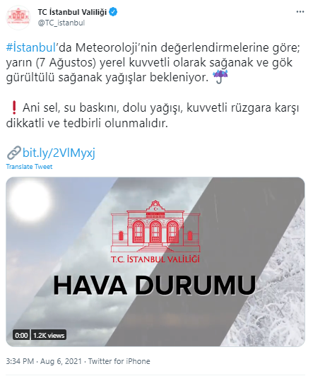 Valilikten sel ve dolu uyars!<br>  stanbul Valilii'nden yaplan aklamada da, "stanbul?da Meteoroloji?nin deerlendirmelerine gre; yarn (7 Austos) yerel kuvvetli olarak saanak ve gk grltl saanak yalar bekleniyor. Ani sel, su baskn, dolu ya, kuvvetli rzgara kar dikkatli ve tedbirli olunmaldr" denildi.