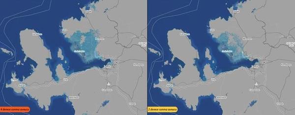 Haritada 2100 ylna gelindiinde, dnyadaki ortalama scakln 2 ve 4 derece artt durumlarda denizlerin ykselmesi sonucu nerelerin sular altnda kalaca gsteriliyor.