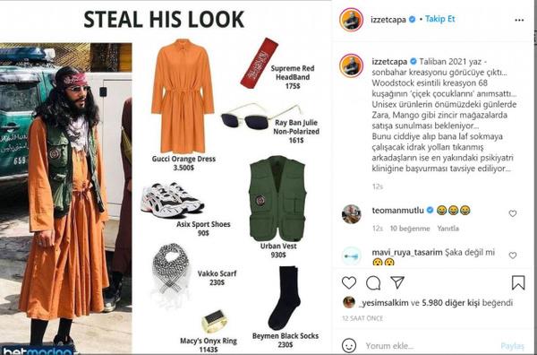 nl magazinci zzet apa'nn da paylat bu fotorafta, bir Taliban militannn giydii kyafetlerin, nl ve pahal markalardaki benzerlerien yer verilerek adeta 'kombin nerisi' yaplyor olmas sosyal medyada ok tepki toplad. Kimi kullanclar paylam komik bulup glerken, kimi kullancnn da 'normalletirilmesi'nden rahatszlk duyup tepki gsterdii ve hatta 'zendirici' nitelik tad ynnde eletiri yapt grld.