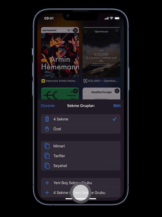 5- Safari<br>  - Daha kolay ulalabilen alttaki sekme ubuu, sola veya saa kaydrarak sekmeler arasnda hareket etmenize yardmc olur  <br>  - Sekme Gruplar, sekmelerinizi kaydedip dzenlemenize ve bunlara aygtlarnzdan kolayca erimenize yardmc olur
