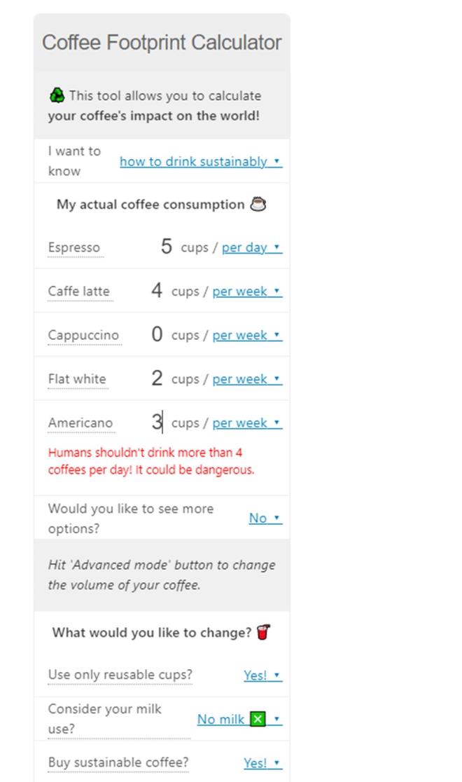 KAHVEY SRDRLEBLR BR EKLDE TKETMEK BYK NEM TAIYOR    Bununla birlikte hesaplayc,insanlarn  kahve ayak izine bal olarak, yeniden kullanlabilir fincanlara gei de dahil olmak zere, kahveyi nasl daha srdrlebilir bir ekilde iebilecekleri konusunda da tavsiyelerde bulunuyor.