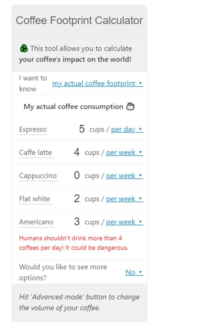 FARKLI ETKENLER DE HESAPLANIYOR    Bunun yan sra platform gnlk olarak tketilen kahvenin evreye olan zararn  hesaplarken, tarm yntemlerinin, st retiminin ve hatta iecein servis edilmesinde kullanlan kat bardaklarn da etkisinin hesaplanmasna olanak tanyor.