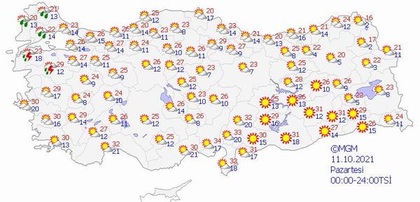 Dou Anadolu: Az bulutlu, kuzeydou kesimlerinin yer yer paral ve ok bulutlu geecei tahmin ediliyor.    Gney Anadolu: Az bulutlu ve ak geecei tahmin ediliyor.