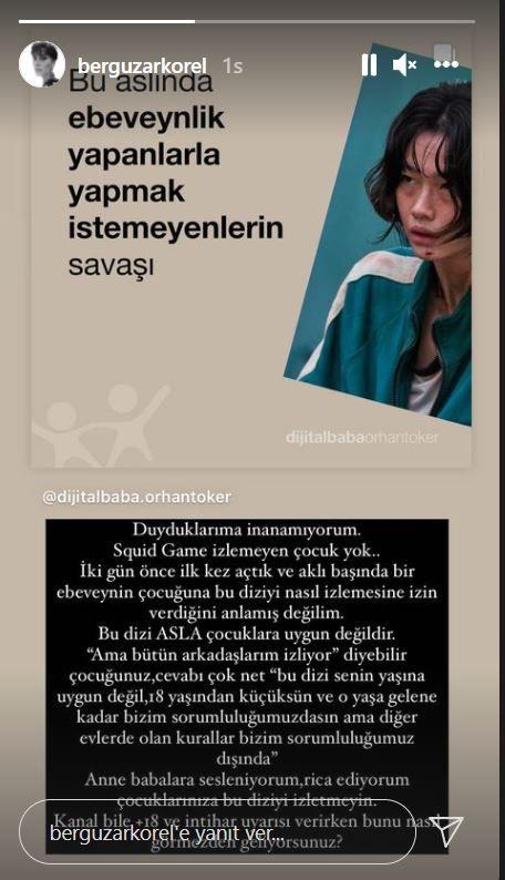 Korel, Instagram hesabndan hikaye olarak paylam yapt. Bir Instagram hesabnn 'ocuklarn neden Squid Game'i izlemems gerektiini' anlatan bir dizi uyarc post'u alntlayan Korel, o paylamna u notu dt: