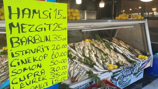 TE BALIK FYATLARI    Palamutun denizde olmas sebebiyle hamsi bollarken, mezgit kilosu 25 liradan, barbun 35, istavrit 20, inekop 60, somon 50, upra 30, levrek de kilosu 35 liradan sata sunuluyor.    Kk boyutlu palamutlarn tane fiyat 15 liradan alc bulurken, iri palamutun ise sat yaplamyor.