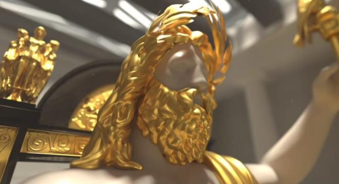 Ayrca, Antik Dnyann Yedi Harikasndan biri olarak kabul edilen, boyal ve ssl sedir aacndan bir tahtn zerine oturan 12 metre yksekliinde altn Zeus Heykeli'ne de yer veriyor.