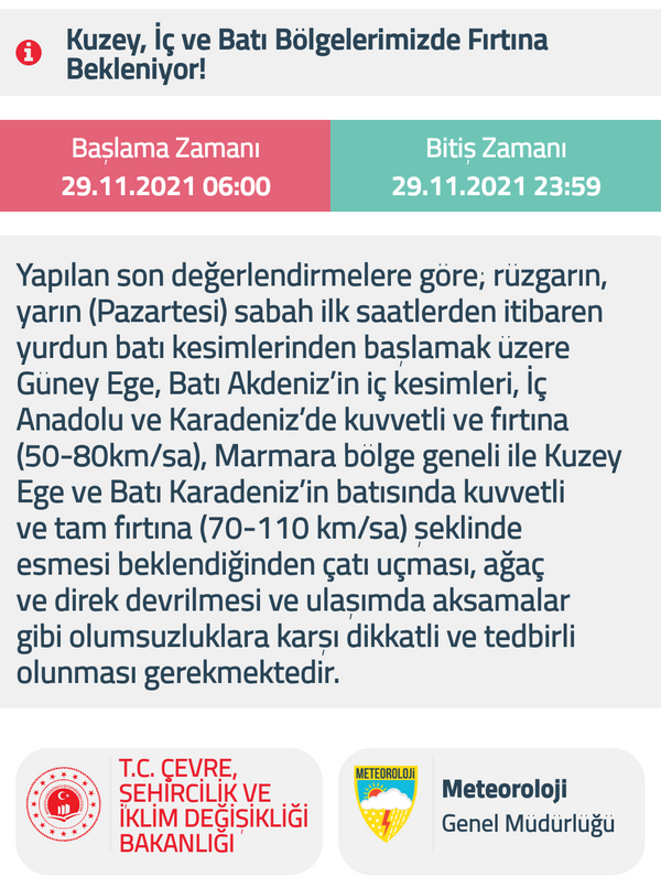 Vatanda�lardan �at� u�mas�, a�a� ve direk devrilmesi, soba ve baca gaz� kaynakl� zehirlenmeler ve ula��mda aksamalar gibi olumsuzluklara kar�� dikkatli ve tedbirli olunmas� isteniyor.