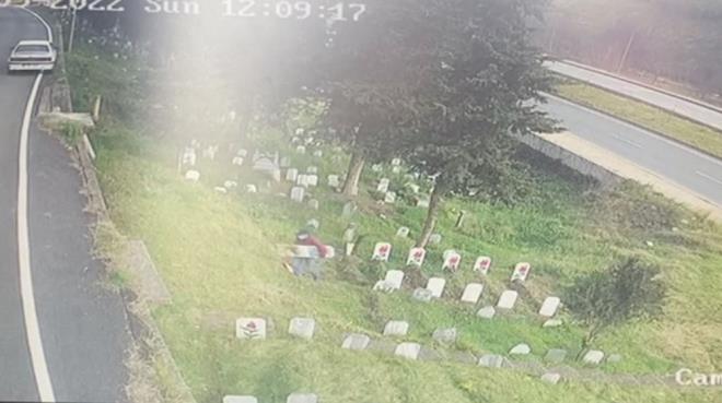 Grntlerde phelinin, elleriyle skt mezar tan kucanda tayarak, yol kenarndaki otomobilin bagajna koyduu anlar yer ald.