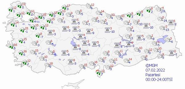 Orta ve Dou Karadeniz:Paral ve ok bulutlu, blge genelinin yal geecei tahmin ediliyor. Kylarda yamur, i kesimlerde karla kark yamur ve kar eklinde grlecek yalarn Giresun?un dousu ile Trabzon?un bat ve dou ilelerinde kuvvetli, Rize ve Artvin?in kuzeyinde ok kuvvetli olmas bekleniyor. Blgenin i kesimlerinde buzlanma ve don olay bekleniyor. Dou Karadeniz'in i kesimlerinin eimli yamalarnda  tehlikesi bulunmaktadr.