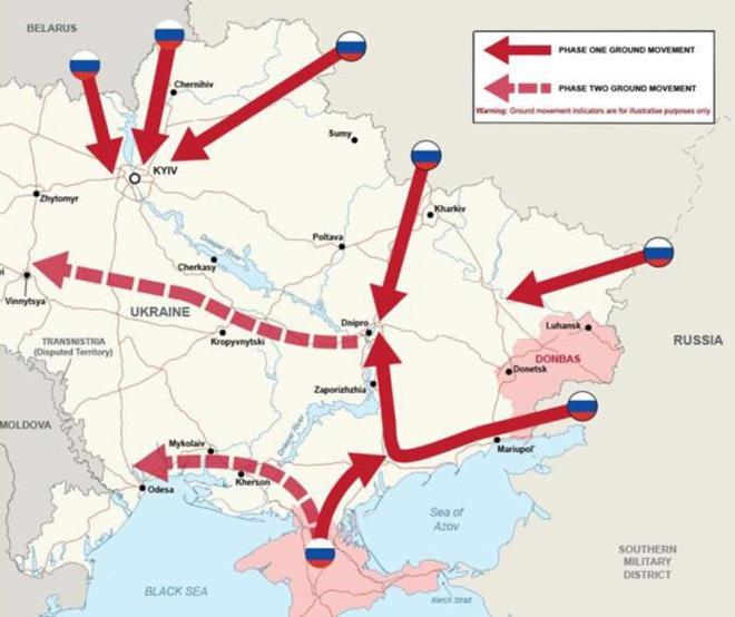 Buna gre, ilk aamada kuzeydeki Belarus'tan 2 ayr noktadan bakent Kiev'e hareket edilecek. Bu birliklere, Ukrayna'nn kuzeydousunda Rusya topraklarnda konulu askerler de destek verecek.    Doudan ise 2 ayr noktadan askerler, ayrlk blgeleri geerek ilere doru ilerleyecek. gal altndaki Krm'da konulu Rus askerlerinin de destek verecei harekatta hedef, Dnipro kentini ele geirmek olacak.