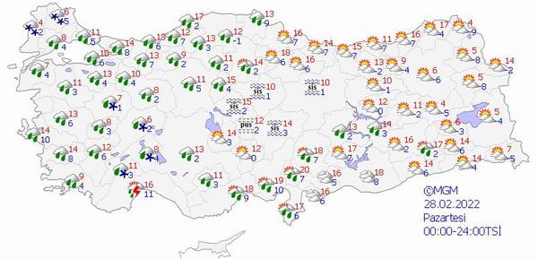  Anadolu: ok bulutlu, blge genelinin yal geecei tahmin ediliyor. Yalarn, genellikle yamur ve saanak, Eskiehir, ankr ve Sivas evreleri ile Konya, Karaman, Nide, Kayseri evrelerinin ykseklerinde karla kark yamur ve kar eklinde grlmesi bekleniyor. Blgenin gney ve dousunda (Konya, Karaman ve Nide'nin Toros Dalar kesimi ile Kayseri ve Sivas'n yksek kesimleri) yksek kar rts bulunan yerlerinde  tehlikesi bulunmaktadr.