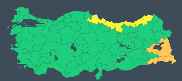 SARI ALARM: Artvin, Giresun, Ordu, Samsun, Rize, Trabzon  <br>TURUNCU ALARM: Bitlis, Hakkari, rnak, Van  <br>  SARI RENK: Sar, havada "potansiyel tehlike durumu"na iaret ediyor. Tahmin edilen meteorolojik hadise olaan d olmamakla birlikte, meteorolojik artlardan etkilenebilecek faaliyetler konusunda dikkatli davranlmas uyarsnda bulunuluyor.  <br>  TURUNCU RENK: Turuncu, havayla ilgili "tehlikeli durum"larda kullanlyor. Bu renkte tahmin edilen meteorolojik hadise sklkla gereklemiyor. Hasar ve kayplarn olumas muhtemel grlyor. ok tedbirli olunmas, gncel meteorolojik koullar ve tahminlerin takip edilmesi gerekiyor.  <br>  te illere gre hava durumu...