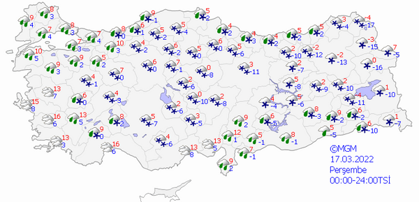 BATI KARADENZ<br>  Paral ve ok bulutlu, sabah saatlerinde Sinop evreleri ve Kastamonu'nun kuzey kesimlerinin, zamanla blge genelinin karla kark yamur ve kar yal geecei tahmin ediliyor. Sabah ve gece saatlerinde blge genelinde buzlanma ve don olay bekleniyor.  <br>  ORTA ve DOU KARADENZ<br>  ok bulutlu, blge genelinin karla kark yamur ve kar yal geecei tahmin ediliyor. Yalarn, Dou Karadeniz kylar ile Ordu evrelerinde kuvvetli olmas bekleniyor. Sabah ve gece saatlerinde blge genelinde buzlanma ve don olay bekleniyor. Dou Karadeniz'in i kesimlerinin yksek kar rts bulunan eimli yamalarnda  tehlikesi bulunmaktadr.