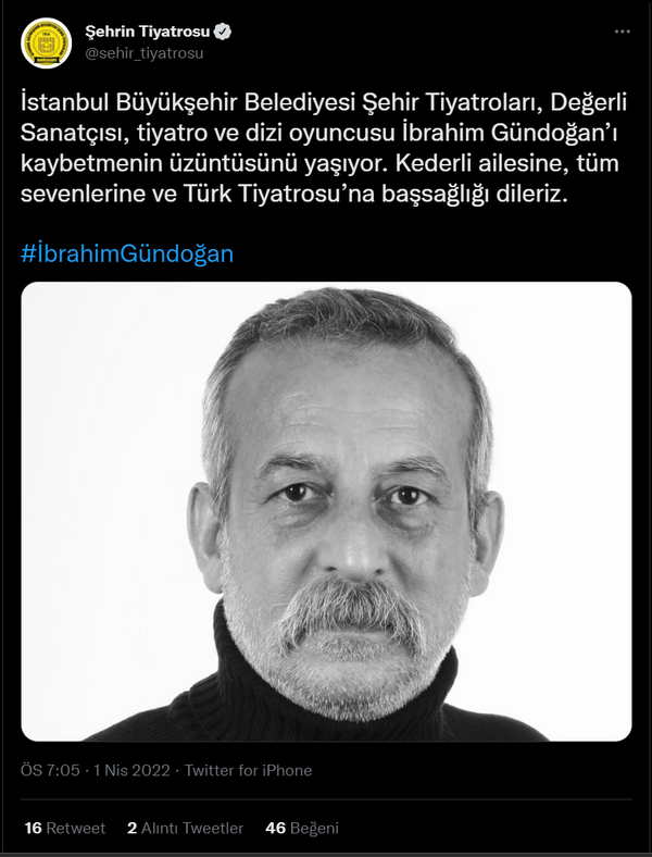BB ehir Tiyatrosu Gndoan'n lmnn ardndan "stanbul Bykehir Belediyesi ehir Tiyatrolar, Deerli Sanats, tiyatro ve dizi oyuncusu brahim Gndoan? kaybetmenin zntsn yayor. Kederli ailesine, tm sevenlerine ve Trk Tiyatrosu?na basal dileriz. " aklamasn yapt.