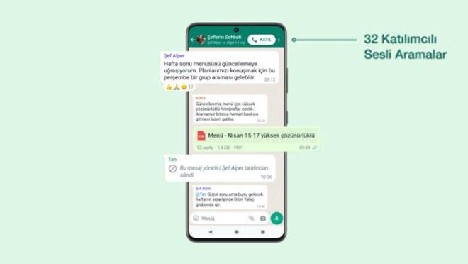 DAHA BYK SESL ARAMA GRUPLARI    Mesajlamaktansa konumann daha uygun olduu durumlar iin tasarlanan zellikle 32 kiinin katlabilecei tek dokunula sesli arama zellii de kullanam sunulacak.