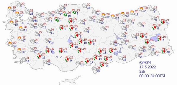 Akdeniz: Az bulutlu, i kesimlerinin paral ve ok bulutlu, yerel olmak zere saanak ve gk grltl saanak yal geecei tahmin ediliyor.
