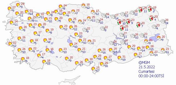 Gneydou Anadolu: Paral ve az bulutlu, zamanla bat kesimlerinin yer yer ok bulutlu, le saatlerinde Adyaman, G. Antep ve Kilis evrelerinin yerel olmak zere saanak ve gk grltl saanak yal geecei tahmin ediliyor. Blgenin dousunda toz tanm bekleniyor.