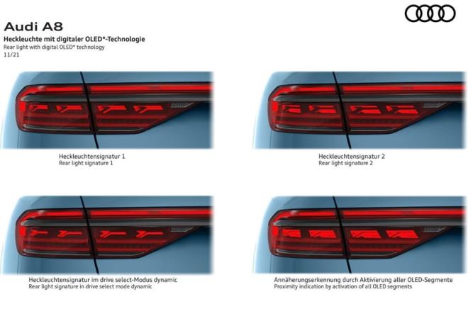 Yeni Audi A8'de ilk kez kullancnn seebilecei  arka k imzas bulunuyor. Audi S8 ile drdnc bir k imzas daha sunuluyor.    Bir otomobil park halindeki bir Audi'ye yaklatnda, park sensrleri hareketi alglyor ve tm OLED segmentlerini devreye sokarak srcnn dikkatini ekiyor. Audi hareket ettiinde, dijital OLED arka stop lambalar seilen imzaya dnyor. Bu ek gvenlik nlemi, bisiklet ve scooter kullanclar iin de geerli.