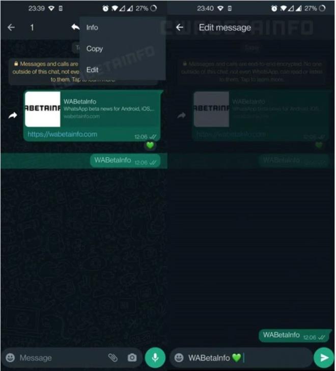 WHATSAPP MESAJ DZENLEME    WhatsApp'tan mesaj dzenleme zellii sonunda geliyor. zellikle irketin rakibi Telegram'da sklkla kullanlan bu zelliin BETA testleri balad.     zelliin yapsna gre gnderilen mesajlar ksa bir sreliine deitirilebilecek. Bylece ayn mesaj tekrar gndermeye gerek kalmayacak.     Mesaj dzenleme zellii imdilik Android'de test ediliyor ancak iOS ve masast srmlerde de ksa sre ierisinde testlerin balayaca tahmin ediliyor.