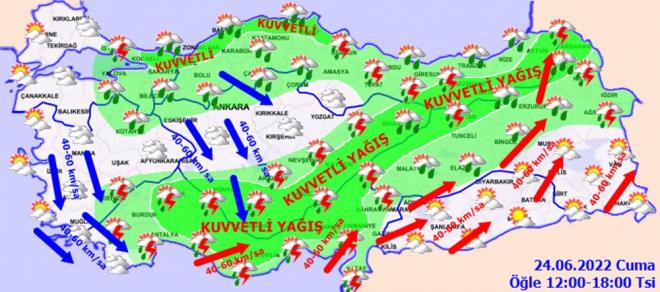 KUVVETL YAI UYARISI    Yalarn, Bat Karadeniz kylar, Dou Akdeniz,  Anadolu'nun gney ve dousu, Dou Karadeniz'in i kesimleri, Sakarya, Kocaeli, Isparta, Erzincan ve Ardahan evreleri ile Burdur'un dou, Antalya'nn i kesimleri, Kars ve Erzurum'un kuzey, Tunceli ve Malatya'nn kuzeybatsnda yerel kuvvetli olmas beklendiinden meydana gelebilecek ani sel, su baskn, yldrm, yerel dolu ya, ya annda kuvvetli rzgar ile ulamda aksamalar gibi olumsuzluklara kar dikkatli ve tedbirli olunmaldr.