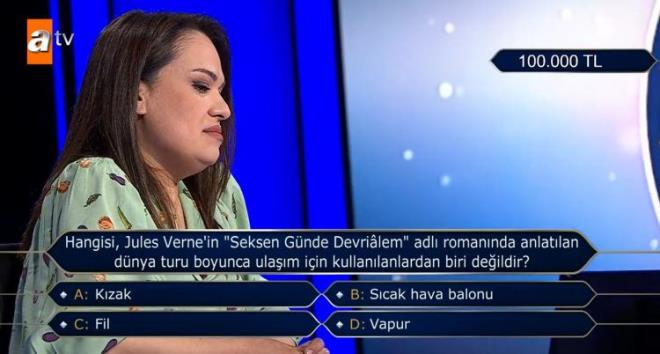 100.000 TL deerindeki 9. soruya ulamay baaran Salam'n karna kan "Hangisi, Jules Verne'in 'Seksen Gnde Devrialem' adl romannda anlatlan dnya turu boyunca ulam iin kullanlanlardan biri deildir?" sorusu yarmacy oke etti.