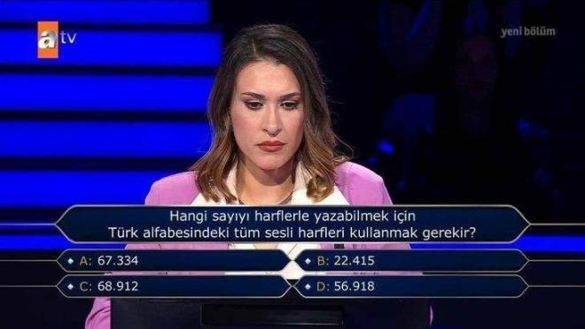 50 bin TL deerindeki "Hangi sayy harflerle yazabilmek iin Trk alfabesindeki tm sesli harfleri kullanmak gerekir?" sorusunu gren Ayanolu, cevap verirken panikledi.