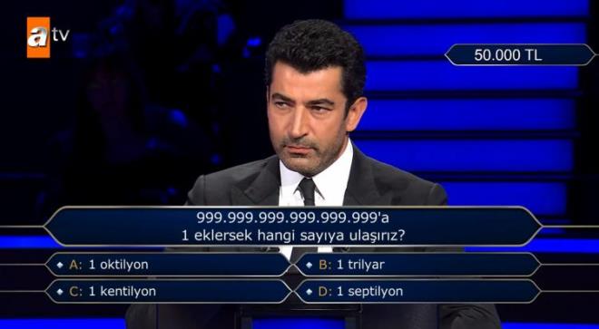 Yzde 50:50 joker hakkn kullanan yarmac A kk 1 oktilyon ve D kk 1 Septilyon seeneklerini eledi.