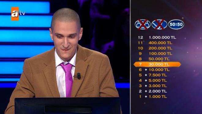 Joker haklarn doru yerlerde kullanan Ata Temel, 30.000 TL'lik baraj sorusunu da aarak ift cevap joker hakk kazand.