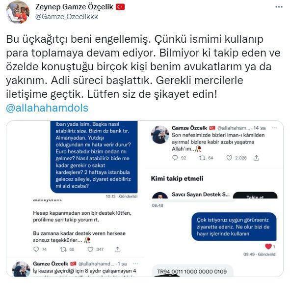 "Bu kat beni engellemi. nk ismimi kullanp para toplamaya devam ediyor. Bilmiyor ki takip eden ve zelde konutuu birok kii benim avukatlarm ya da yaknm. Adli sreci balattk. Gerekli mercilerle iletiime getik. Ltfen siz de ikayet edin!"