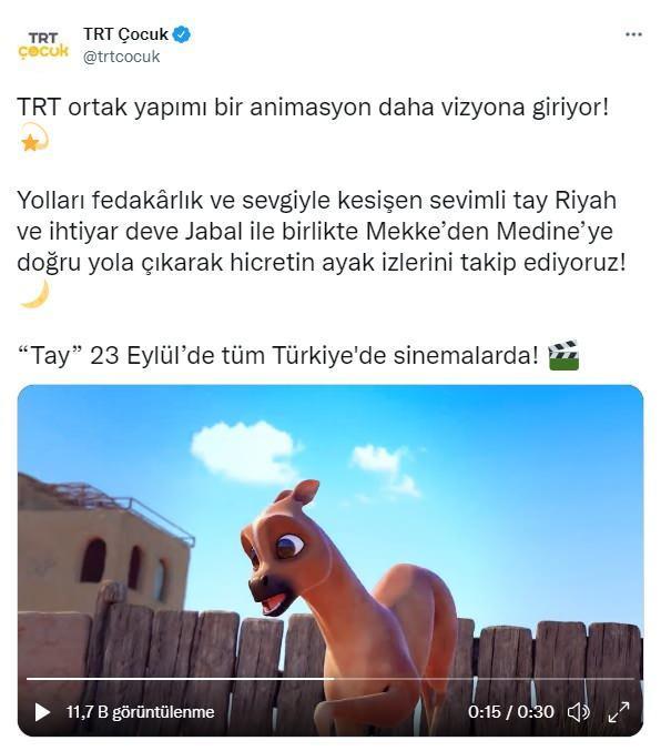 "HCRETN AYAK ZLERN TAKP EDYORUZ"  <br>  TRT, ocuklarn yan sra aileler iin de ders niteliinde olan yeni projesi 'Tay' filmini sosyal medya hesabndan u ekilde duyurdu:    "TRT ortak yapm bir animasyon daha vizyona giriyor!    Yollar fedakrlk ve sevgiyle kesien sevimli tay Riyah ve ihtiyar deve Jabal ile birlikte Mekke?den Medine?ye doru yola karak hicretin ayak izlerini takip ediyoruz!"