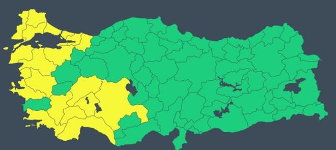 STANBUL VE 18 L  SARI KODLU UYARI    Meteoroloji Genel Mdrl Afyonkarahisar, Antalya, Balkesir, Burdur, Bursa, anakkale, Denizli, Edirne, Isparta, stanbul, zmir, Krklareli, Kocaeli, Konya, Manisa, Mula, Sakarya, Tekirda ve Yalova iin sar kodlu uyar yaynlad.