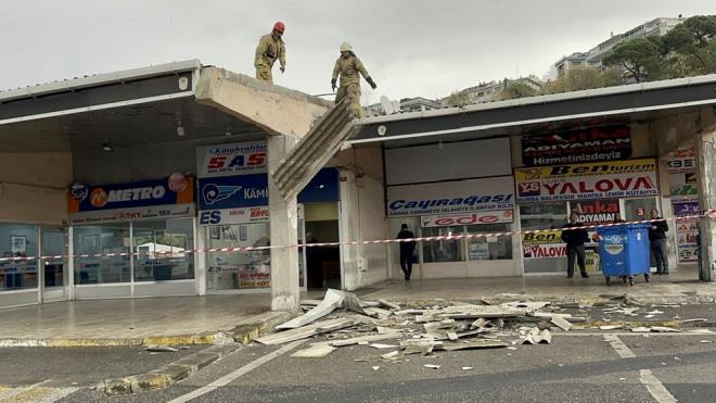 Haber verilmesi �zerine olay yerine itfaiye ekipleri sevk edildi.    Emniyet �eridi �ekilerek g�venlik �nlemi al�n�rken, itfaiye ekipleri �at�da bulunan ve tehlike arz eden par�alar�, yeniden u�ma riskine kar�� toplad�. Ayr�ca �evreye savrulan �at� malzemeleri de topland�.    Yaralanan kimsenin olmad��� olayda, �at�da hasar olu�tu.