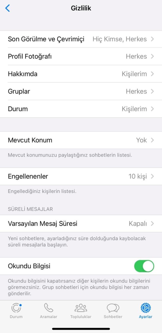 kinci adm olarak ise Gizlilik sekmesi seilir.