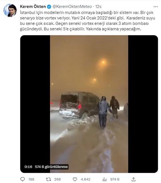 Geen yldan kar grnts paylap "stanbul iin modellerin mutabk olmaya balad bir sistem var." diyerek bugn yorumlayan kten, "Bir ok senaryo bize vortex veriyor. Yani 24 Ocak 2022'deki gibi. Karadeniz suyu bu sene ok scak. Geen seneki vortex enerji olarak 3 atom bombas gcndeydi. Bu seneki 5'e kabilir." diye konutu.