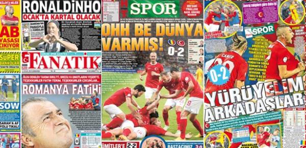 Brezilya 2014 yolunda Trkiye dn gece Bkre'te Romanya'y 2-0 yenerek yoluna kaypsz devam etti.  <p><b>te Trkiye'de atlan yazl basnn manetleri</b></p>