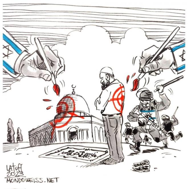 NL KARKATRST'DEN ANLAMLI ZM GELD    Brezilyal nl karikatrist Carlos Latuff, Yusuf slam'n paylam zerine nl sanatnn Mescid'i Aksa'daki ilk namazn konu alan bir izim yaymlad.