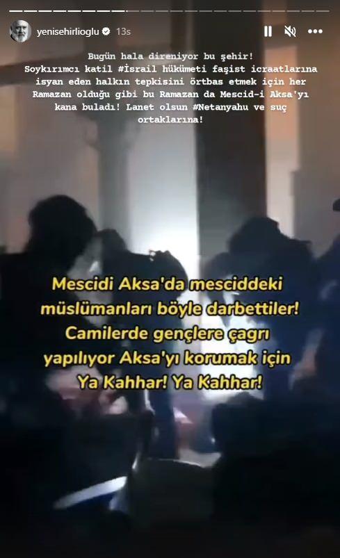 BAHADIR YENEHRLOLU    "Bugn hala direniyor bu ehir! Soykrmc katil srail hkmeti faist icraatlarna isyan eden halkn tepsikinirtbas etmek iin her Ramazan olduu gibi bu Ramazan da Mescid-i Aksa'y kana bulad! Lanet olsun Netenyahu ve su ortaklarna!    Mescid-i Aksa'da mesciddeki Mslmanlar byle darpettiler! Camilerde genlere ar yaplyor Aksa'y korumak iin Ya Kahhar! Ya Kahhar!"