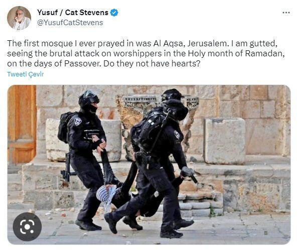 slam, paylamn u ifadelerle yapt:  <br>  "lk namaz kldm cami Kuds'teki Mescid-i Aksa idi. Kutsal Ramazan aynda, Pesah Bayram gnlerinde ibadet edenlere yaplan acmasz saldry grnce iim paraland. kalpleri yok mu?"