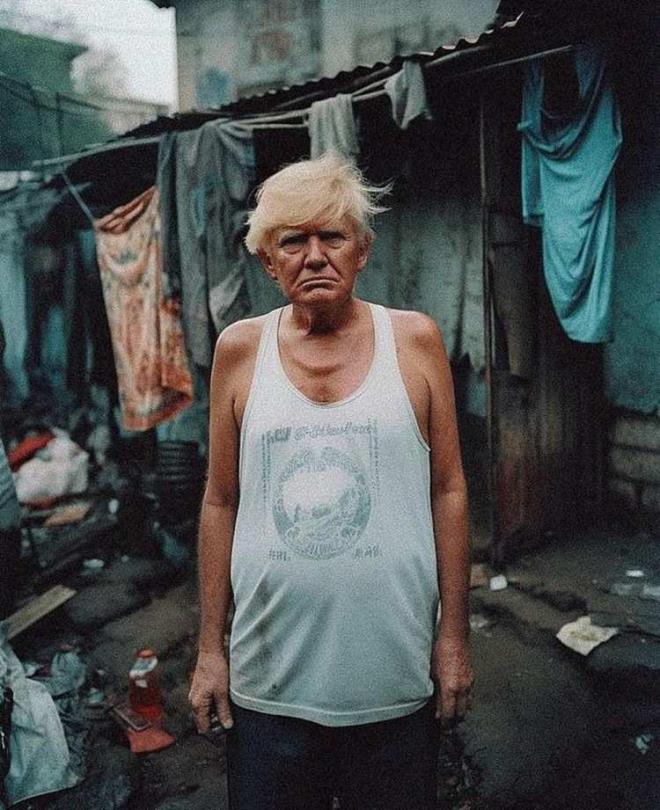 TRUMP'IN YOKSUL HAL BYK LG GRD!    Hintli sanatnn Yapay zeka ile yapt bu almada en baarl izim Donald Trump oldu. zerinede beyaz atletiyle ve disiz Trump'n u anki halinden uzak oluu, sanatnn takipilerinin dikkatini ekerek byk ilgi grd.