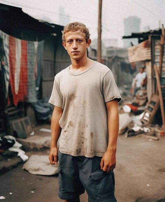 Meta'nn yneticisi  Mark Zuckerberg'in, kirli bir tirt ve mavi bir ortla kenar mahallenin ortasnda durduu grlyor.