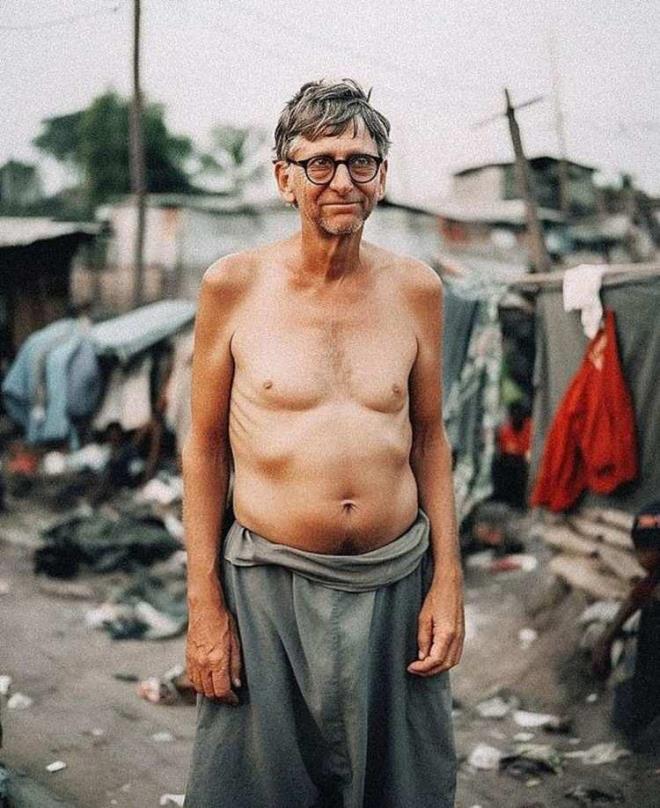 Hindistan yapm filmin seti kurulduunda bu fikrin aklna geldiini syleyen Pillai, Microsoft'un kurucu orta Bill Gates'i bir gecekondunun nnde, gri renkli bir petamal, st plak vaziyette izdi.