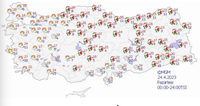  ANADOLU  Paral ve ok bulutlu, blge genelinin aralkl ve yerel saanak ve yer yer gk grltl saanak yal geecei tahmin ediliyor. Yalarn, Yozgat ve Sivas evreleri ile Eskiehir'in gney ve dou, Ankara'nn gney ve bat, Konya'nn kuzey ilelerinde yerel kuvvetli olmas bekleniyor.