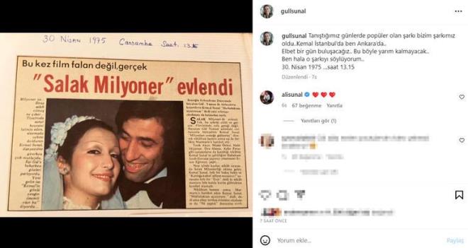 AL SUNAL'DAN KALPL YORUM<br>    Gl Sunal'n paylamna Kemal Sunal ile evliliinden dnyaya gelen ve babas gibi oyuncu olan olu Ali Sunal ise kaytsz kalmad. Ali Sunal, annesinin paylamna krmz kalp emojisiyle yorumda bulundu.