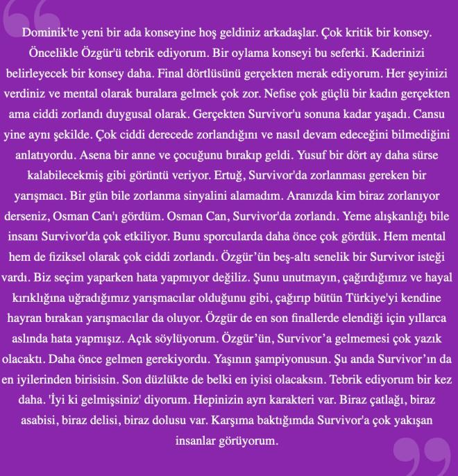 ''SURVVOR'IN EN YLERNDEN BRSSN''  <br>  Yarma sonunda bir konuma yapan Acun Ilcal, nc Bireysel Dokunulmazlk oyununu kazanan zgr ve dier yarmaclar iin unlar syledi: