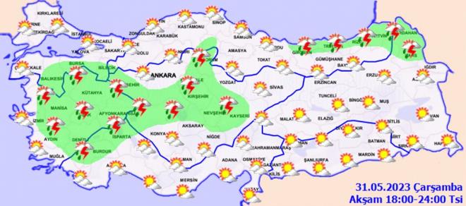  ANADOLU BLGESNDE HAVA DURUMU NASIL OLACAK?    Paral ve ok bulutlu, Karaman dnda blge genelinin yerel olmak zere saanak ve gk grltl saanak yal geecei tahmin ediliyor. Yalarn Yozgat ve Eskiehir evrelerinde yer yer kuvvetli olmas bekleniyor.<br>  ANKARA C, 24C    Paral ve ok bulutlu, yerel olmak zere saanak ve gk grltl saanak yal<br>  ANKIRI C, 25C    Paral ve ok bulutlu, yerel olmak zere saanak ve gk grltl saanak yal<br>  ESKEHR C, 24C    Paral ve ok bulutlu, yerel olmak zere saanak ve gk grltl saanak yal geecei tahmin ediliyor. Yalarn yer yer kuvvetli olmas bekleniyor.<br>  KONYA C, 23C    Paral ve ok bulutlu, yerel olmak zere saanak ve gk grltl saanak yal