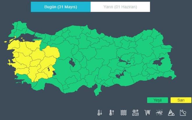 13 L N UYARI    MGM tarafndan 13 il iin iddetli ya uyars yapld.     Afyonkarahisar, Antalya, Aydn, Denizli, Gaziantep, zmir, Ktahya, Malatya, Manisa, K.Mara, Mula, Uak ve Osmaniye'de vatandalarn olumsuz durumlara kar tedbirli olmas istendi.