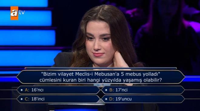 "A-16'nc", "B-17'inci", "C-18'inci" ve "D-19'uncu" seeneklerine gz gezdiren yarmac, seyirci joker hakkn kullanmak istedi.